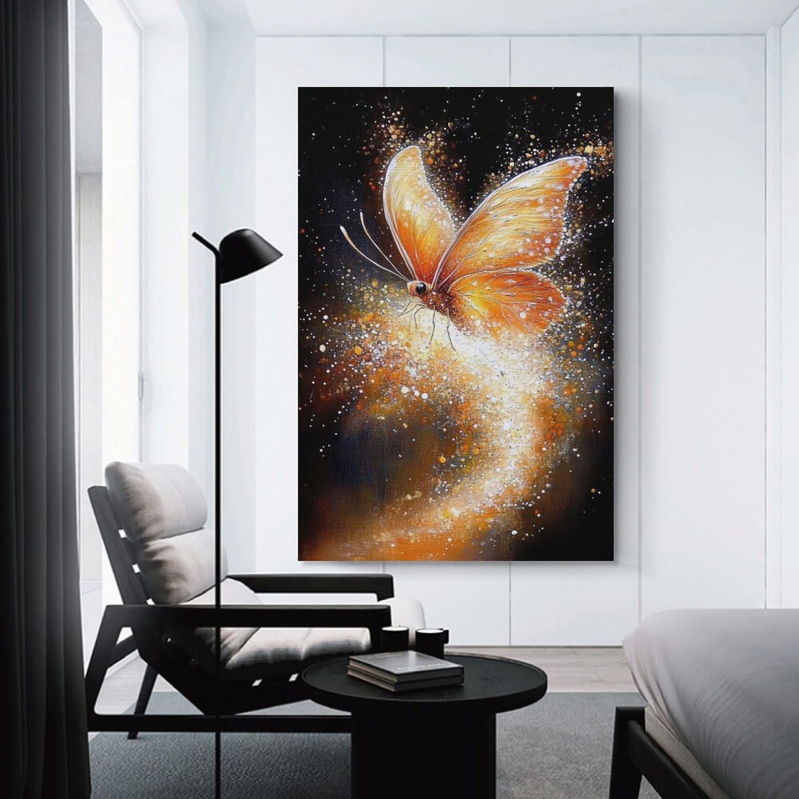 Junmoney Canvas Art Print Golden Butterfly with Sparkling Trail, 20x30inch(50x75cm), for Office, Study Or Home Workspace, Home Office Artwork with Decorative Appeal