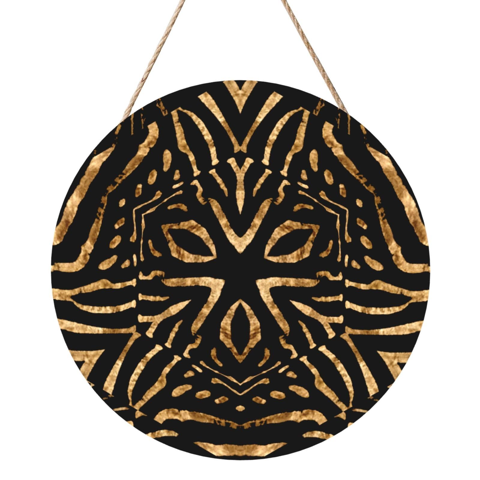 InOmak Africa Wild Zebra Black Gold Stripe, Round Wood Panel Painting 12 in, Wall Hanging Painting For Home