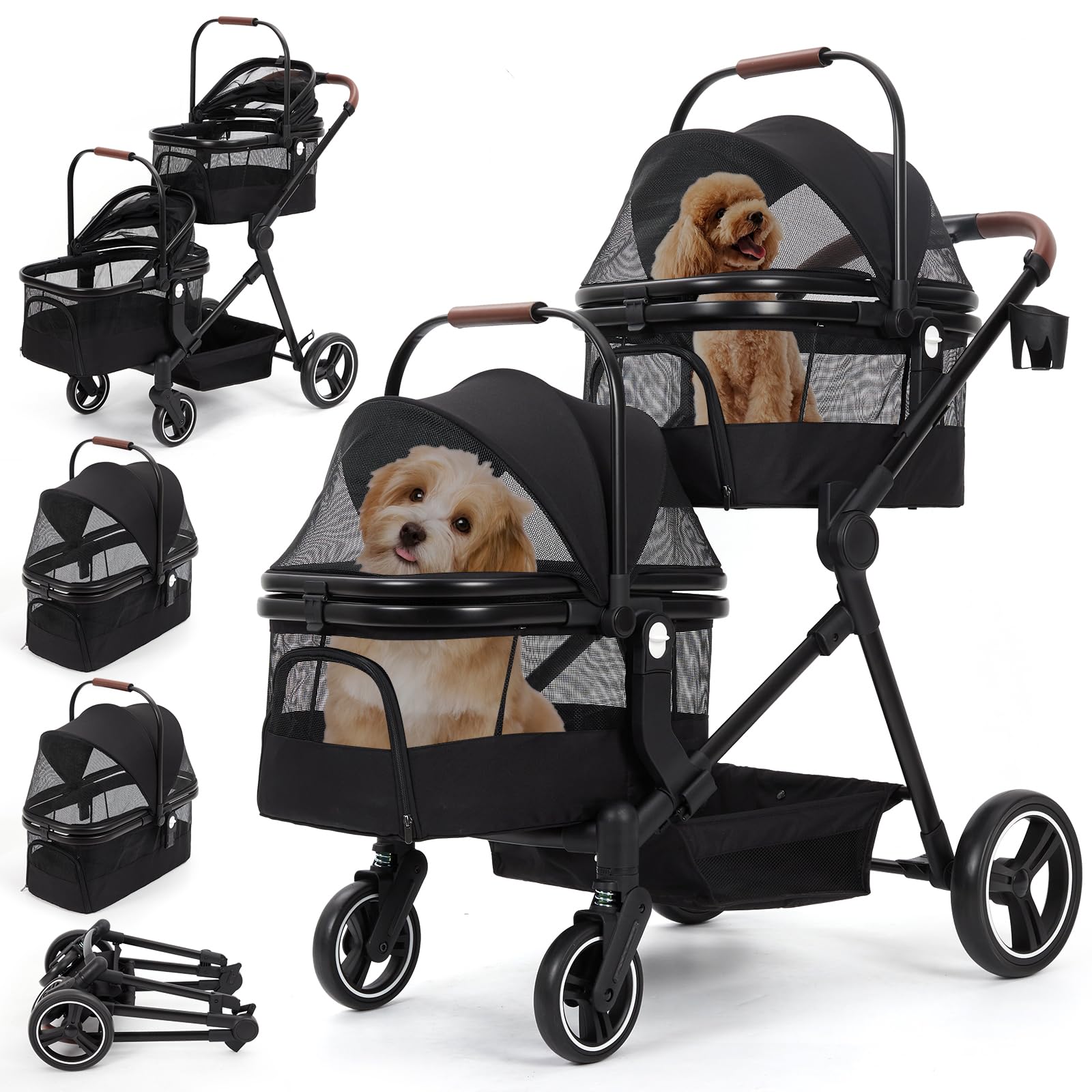 Carrito doble para mascotas 2 en 1, 3 en 1, con bolsa de transporte y asiento de coche, cochecito plegable para mascotas con capacidad de 50 LBS y amortiguador de golpes para perros y gatos