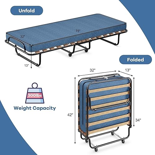 Miniatura 21 de HAPPYGRILL Cama enrollable, cama plegable con colchón de espuma viscoelástica de 5 pulgadas, marco de acero resistente, 4 ruedas universales, cama