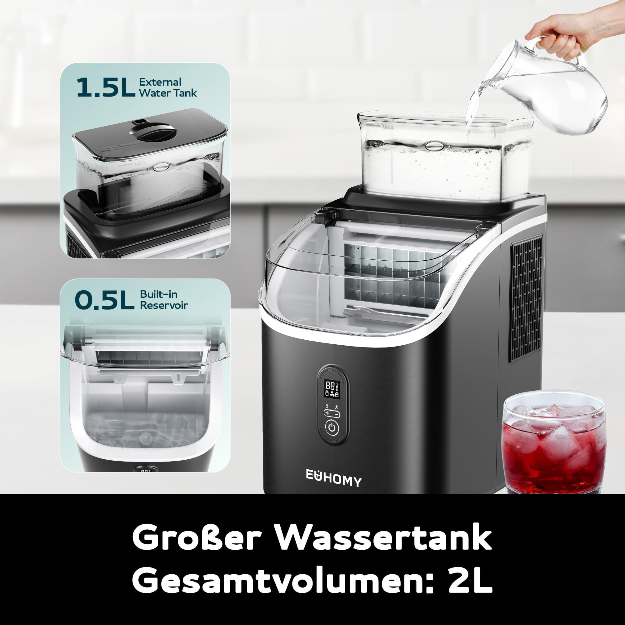 EUHOMY Maszyna do lodu Dom: 15 kG/24H, 16 kostek w 13 minutach samoczyszcząca maszyna do lodu, 1,5 l z łopatką/koszem, do kuchni/biura, czarny
