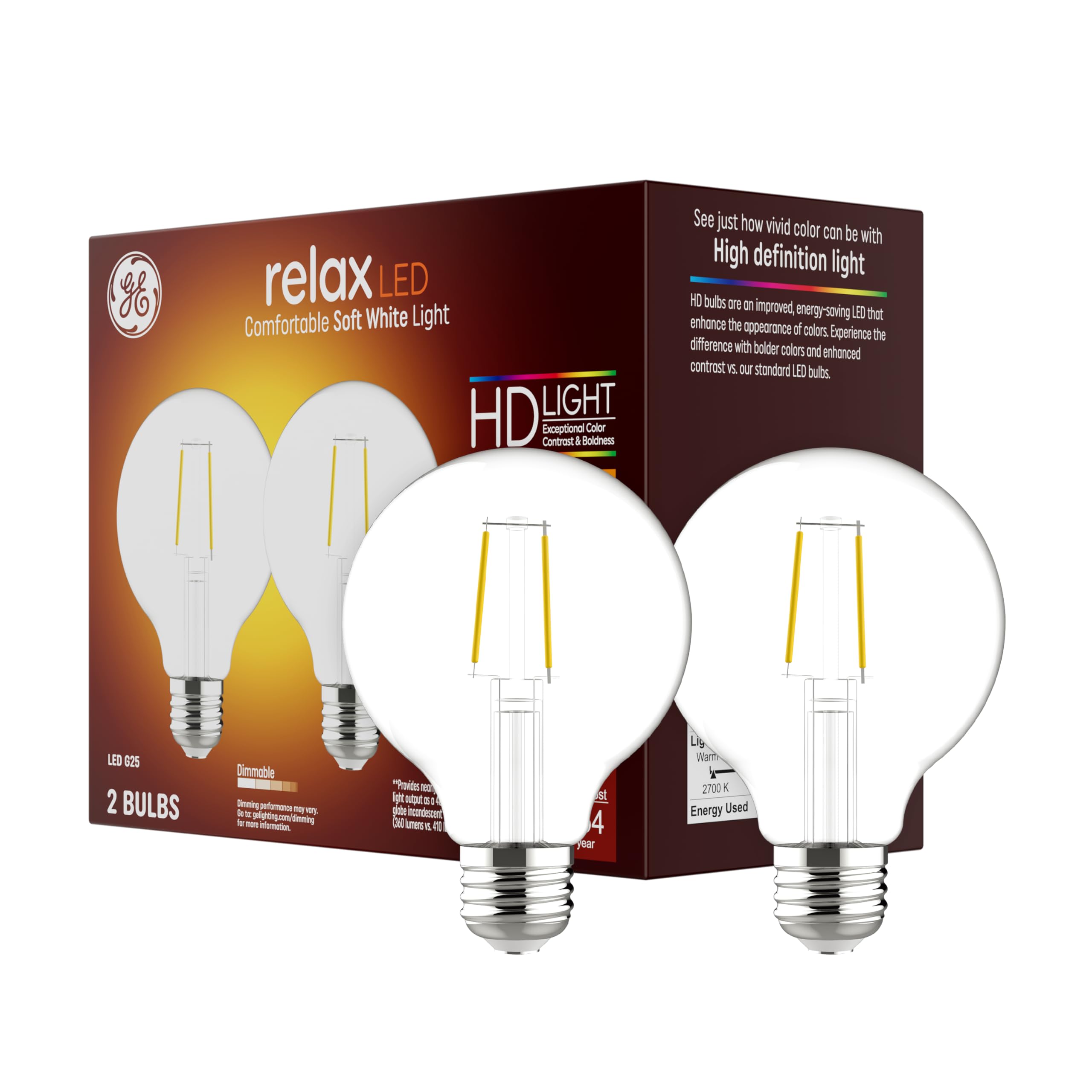 GE Relax LED G25 Globe Light Bulbs, Soft White, 40W, 2 Pack