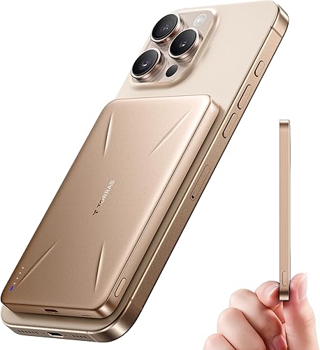 TORRAS Cargador portátil MagSafe, banco de energía magnético inalámbrico ultra delgado de 5,000 mAh con cable USB-C, batería magnética de carga