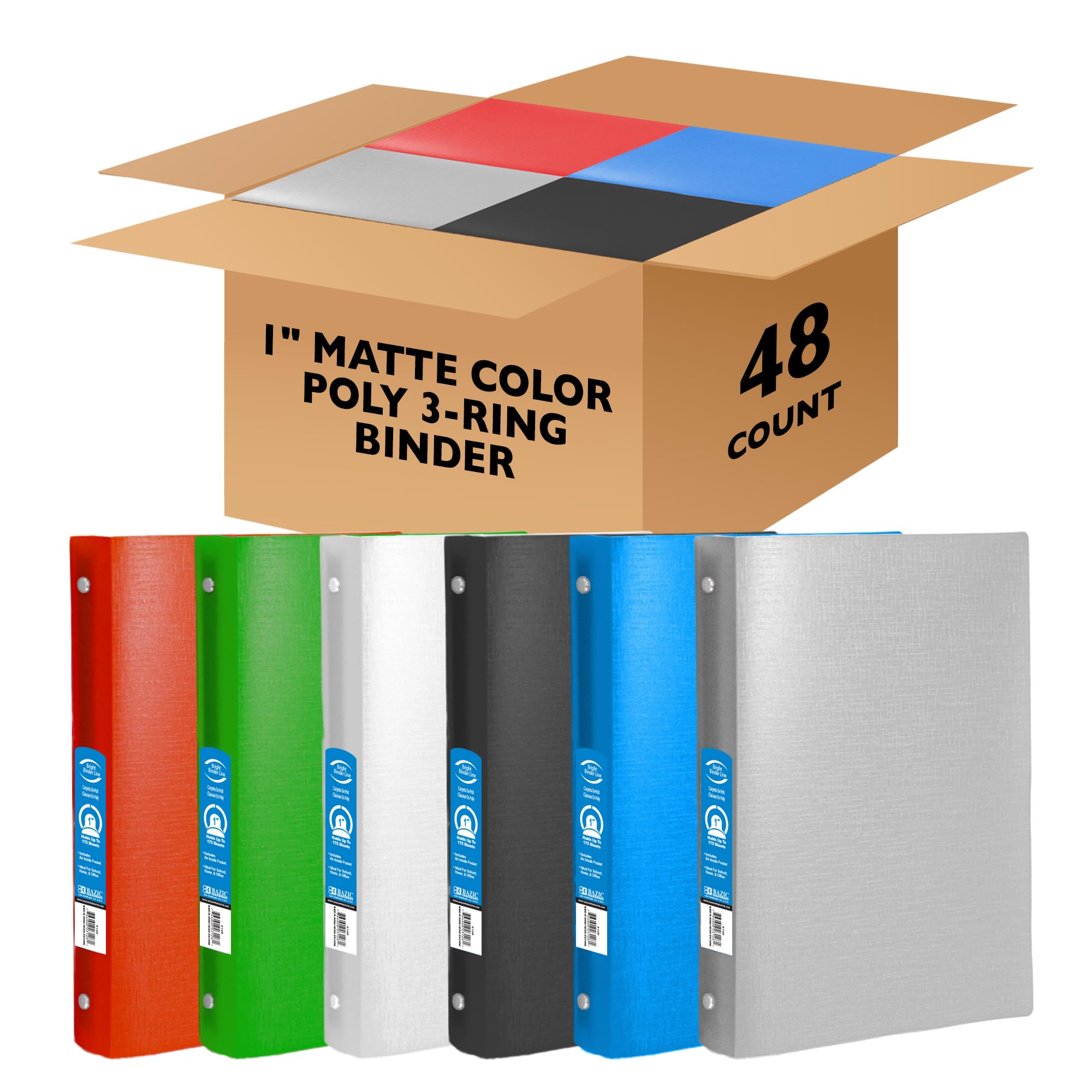 BAZIC 1" Matte Color Poly 3-Ring Binder w/ Pocket for School, Home, or Office (Case of 48) (3132-48)