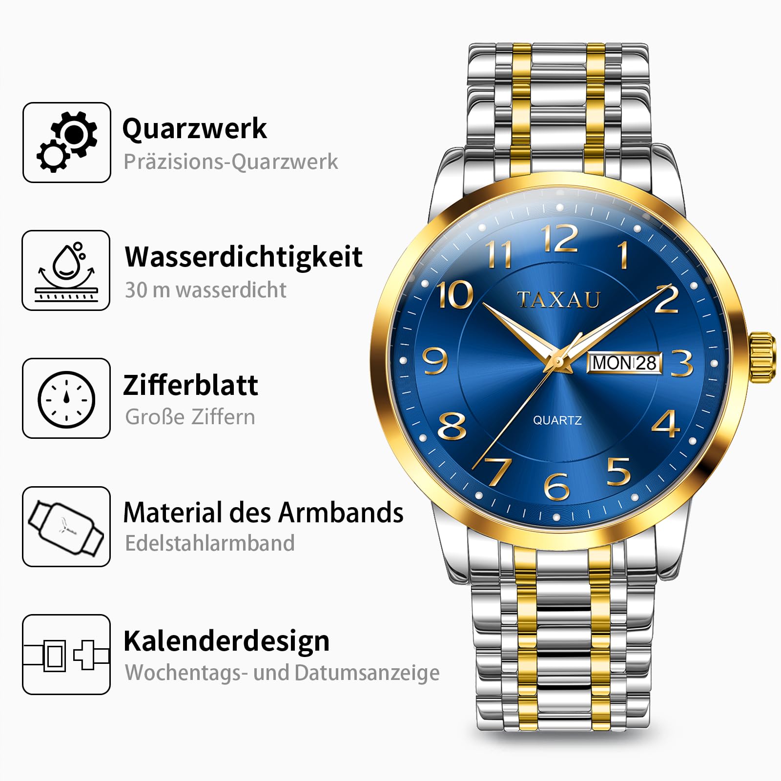 Taxau Klassische Herren Armbanduhr mit Edelstahlarmband, Analoge Quarz Uhr für Herren, 30M Wasserdicht mit Kalender, Elegante Business Uhr für Freizeit und Beruf