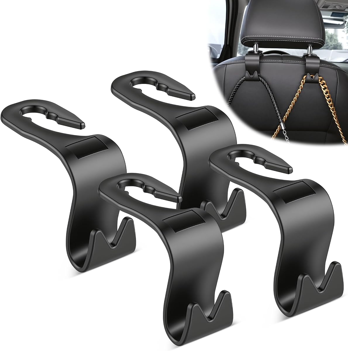 JUSTTOP Ganchos para reposacabezas de asiento de coche, paquete de 4, organizador universal de almacenamiento para colgar en el asiento trasero para bolso, abrigo, bolsas de comestibles, accesorios interiores del coche (negro)