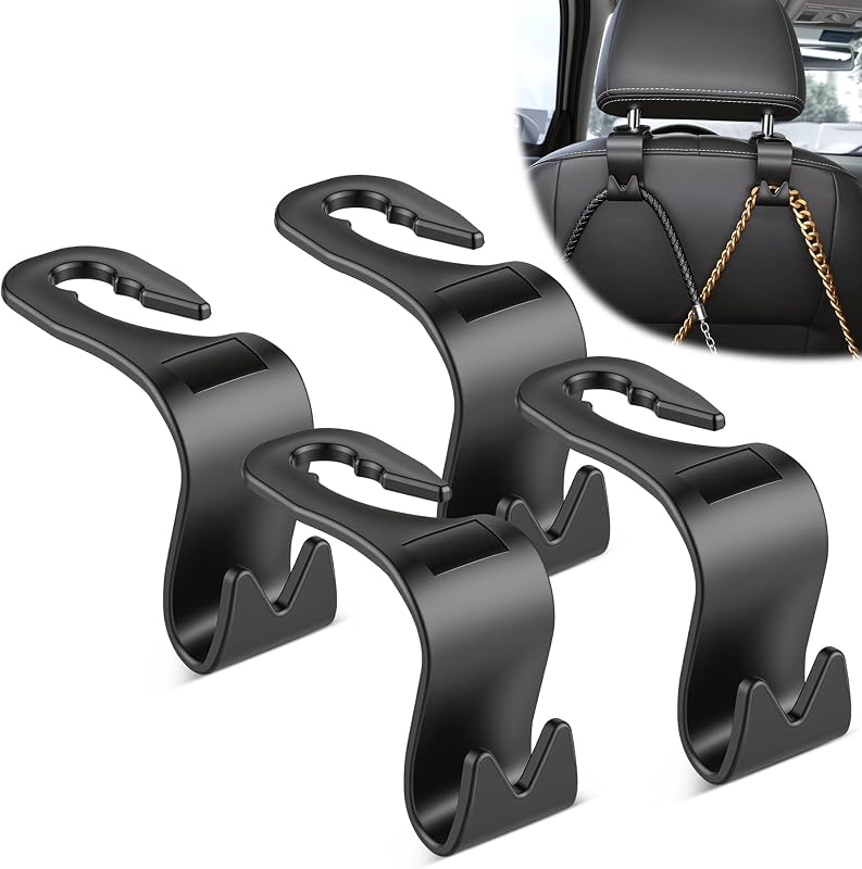 JUSTTOP Ganchos para reposacabezas de asiento de auto, paquete de 4, organizador universal de almacenamiento para colgar en el asiento trasero para bolso, abrigo, bolsas de comestibles, accesorios interiores del auto (negro)