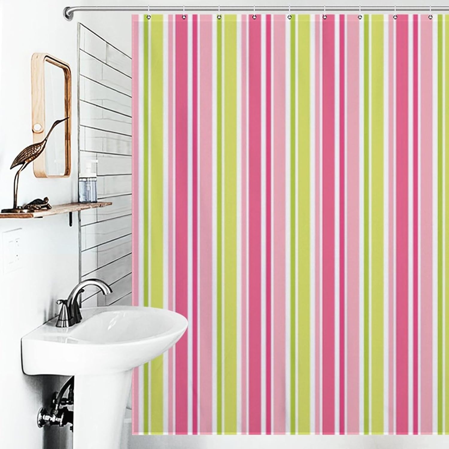 Stylish Hot Pink Lime Green Stripes Shower Curtain Set, Waterproof Shower Curtain Liner for Bathroom Bathtub Decor, with 12 Hooks, 72 x 72inch
