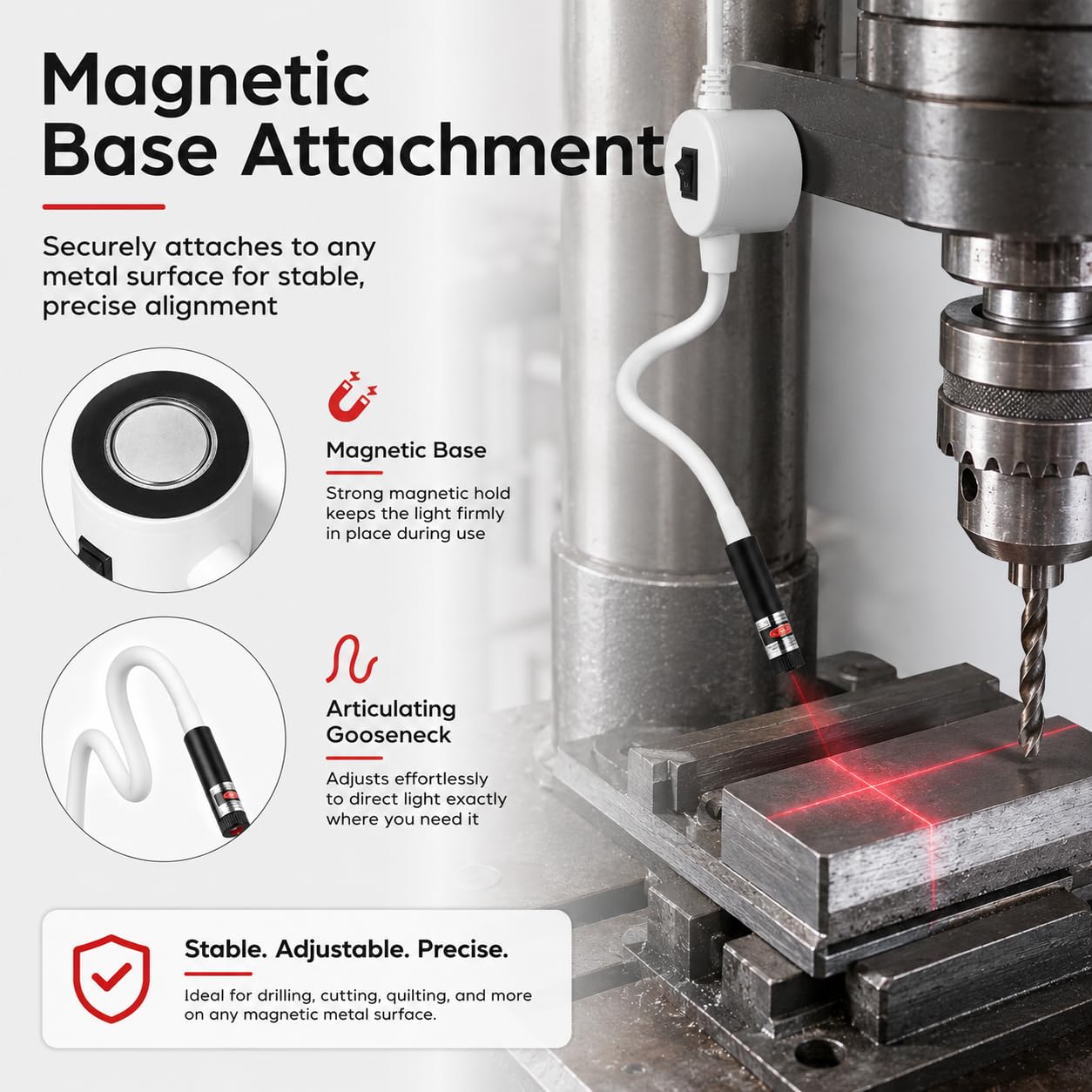 Luz de posicionamiento magnético para máquina de coser, guía ajustable manos libres con enchufe para acolchar, sierra ingletadora y prensa de calor