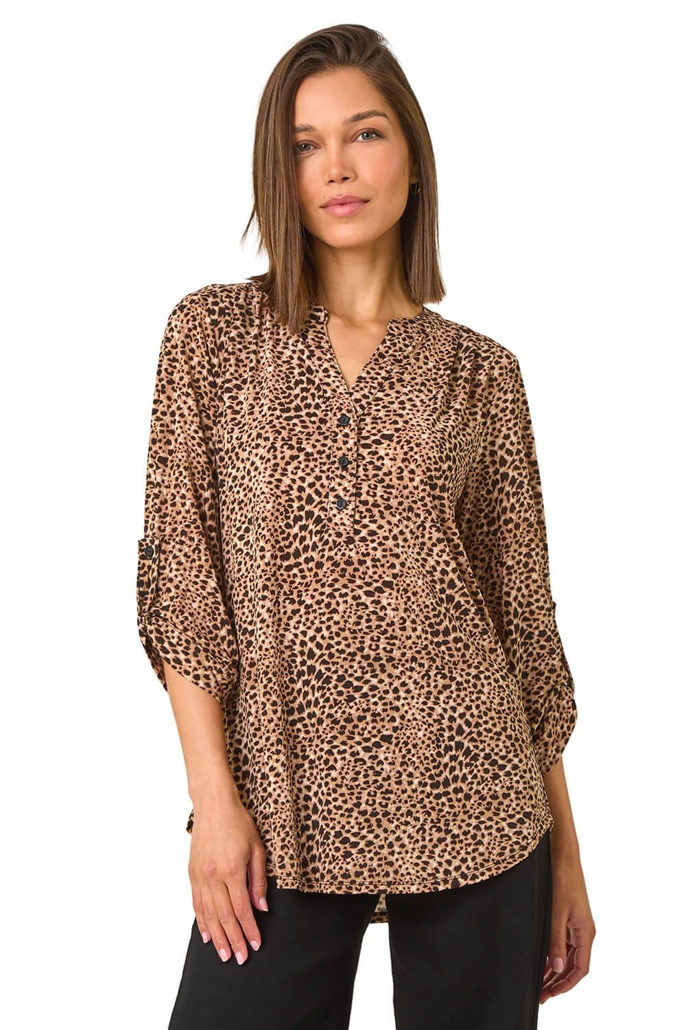 Roman Women's Beige Animal Print Stretch Blouse In | Size: 14