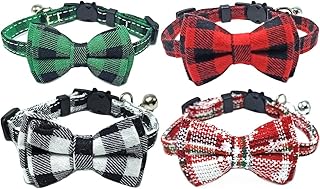 Shiningirl 4 Pack Cat Collars, Break-Away Cat Collar with Bow Tie and Bell, Plaid Print Kitten Safety Collars for Pet Cat Puppy Supplies Adjustable