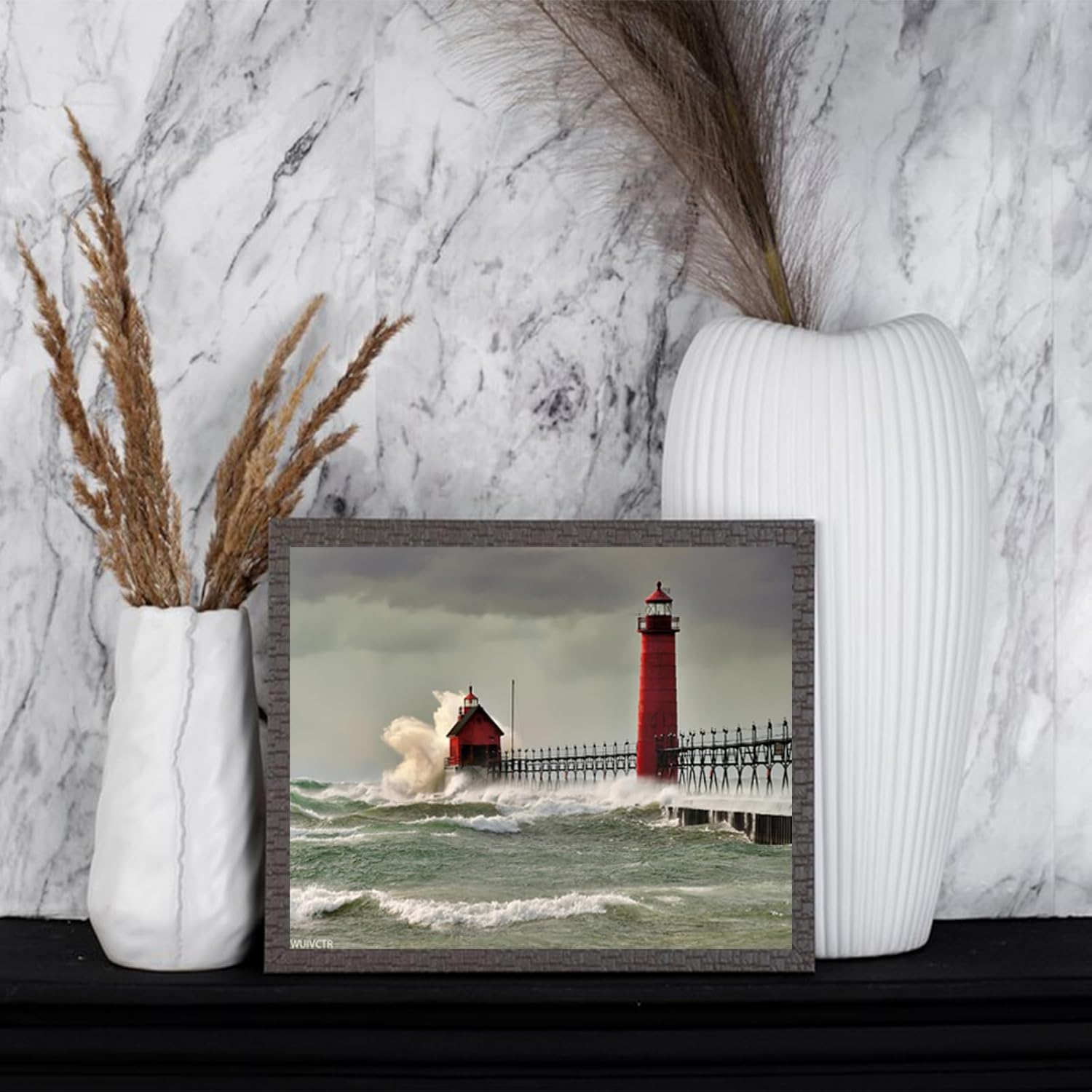 WUIVCTR DIY Paint by Numbers Giant Waves Red Grand Haven Lighthouse Michigan Canvas Painting Set with Acrylic Pigment Paintbrush for Adults Beginners Artwork Gift 16" x 20"