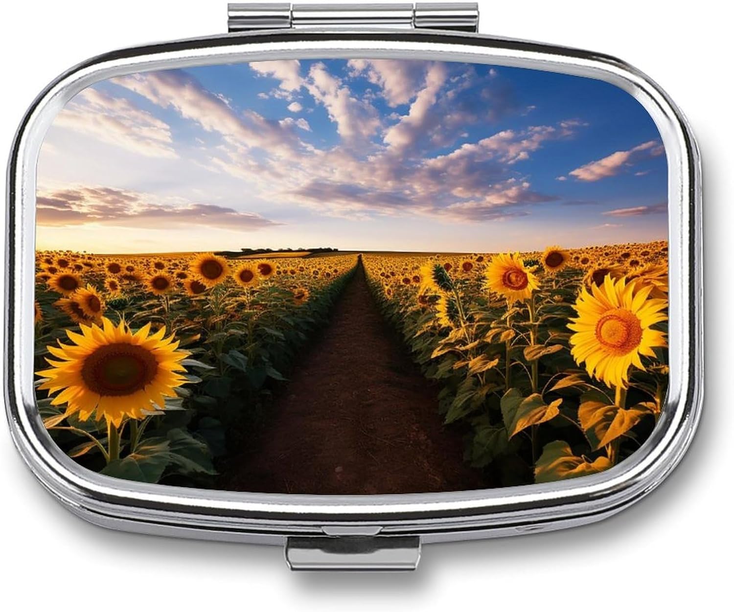 Pill Box 2 Compartment Metal Medicine Pill Organizer Field of Blooming Sunflowers Pill Case for Purse Or Pocket Cute Mini Portable Pill Holder Travel Pill Container to Hold Supplements