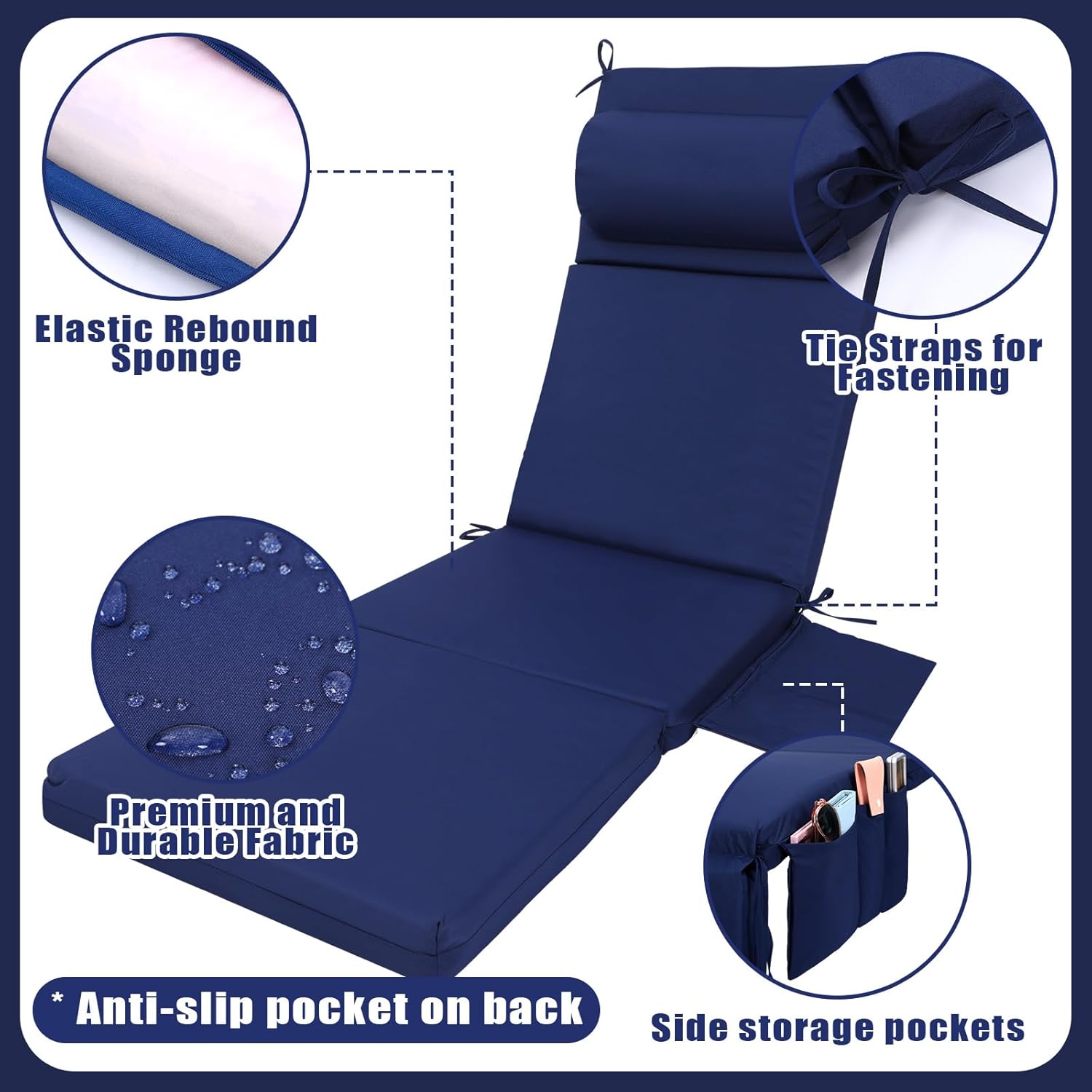 Wenqik 2 Pcs Outdoor Chaise Lounge Cushion with Pillow and Side Pocket Waterproof Lounge Chair Cushions with Pocket on Back 72 x 21 x 4 Inch Patio Replacement Pad for Pool Furniture(Navy Blue)