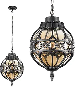 Globe Outdoor Pendant Lights for Porch Patio Garage, Matte Black Aluminum Anti-Rust Hanging Light Fixture, Industrial Round Amber Glass Exterior Chandelier, Outside Pendant Lamp Lantern