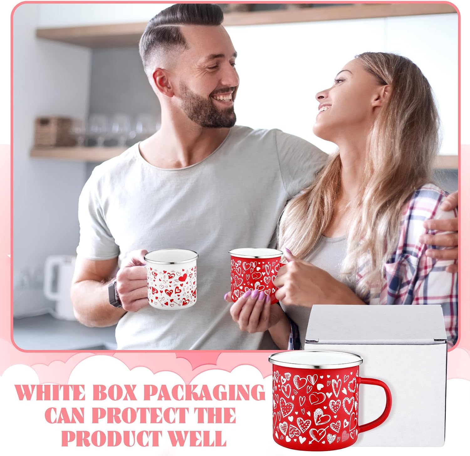 4 Pcs Enamel Mug Set 12oz, Love Hearts Coffee Mug Sweet Camping Cup Happy Galentines Gift for Party Anniversary Wedding (White Pink Red)