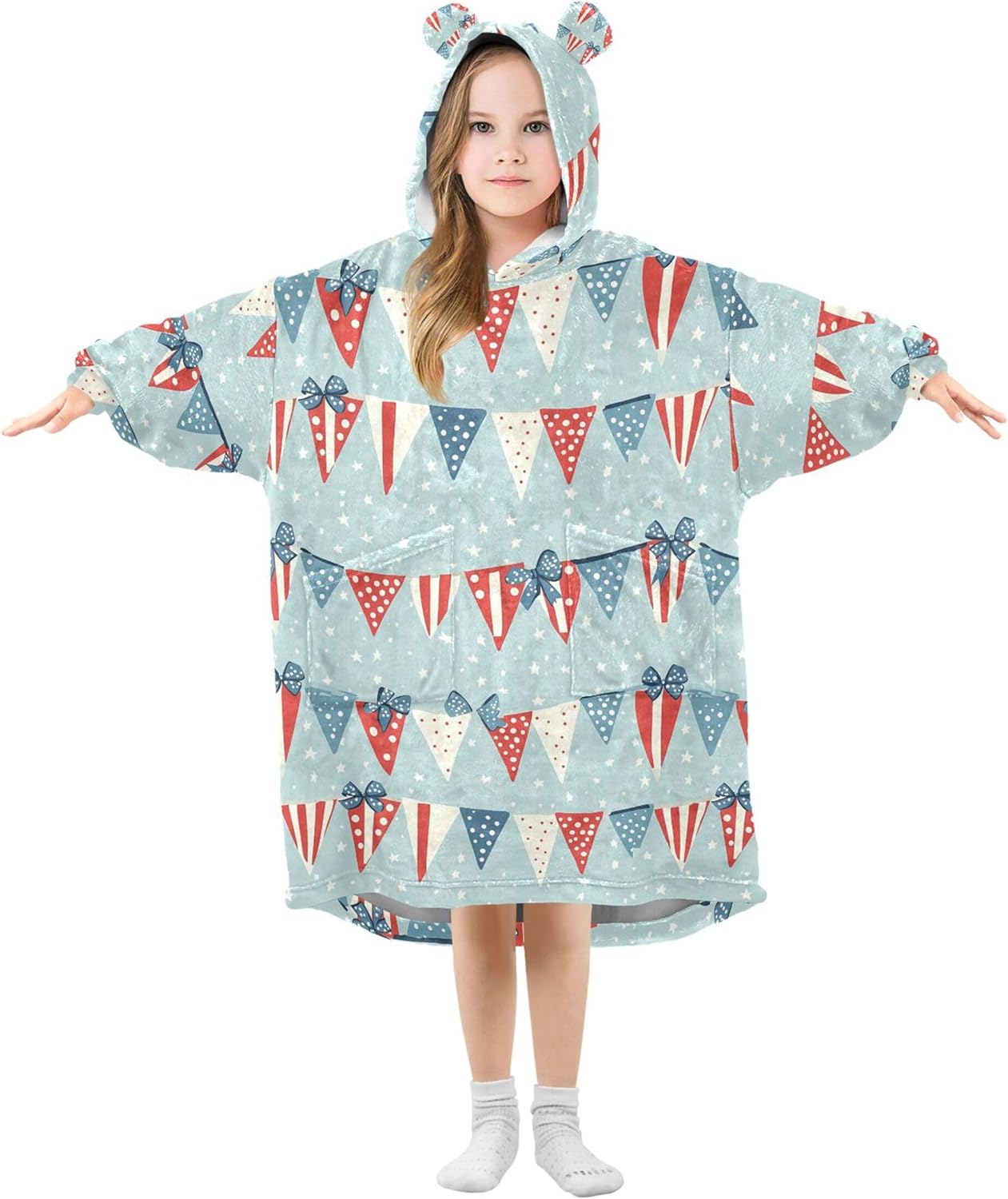 July 4th Independence Day Flag Kids Wearable Blanket Hoodie with Pocket and Sleeves for Toddlers Cute Hoodies Girls