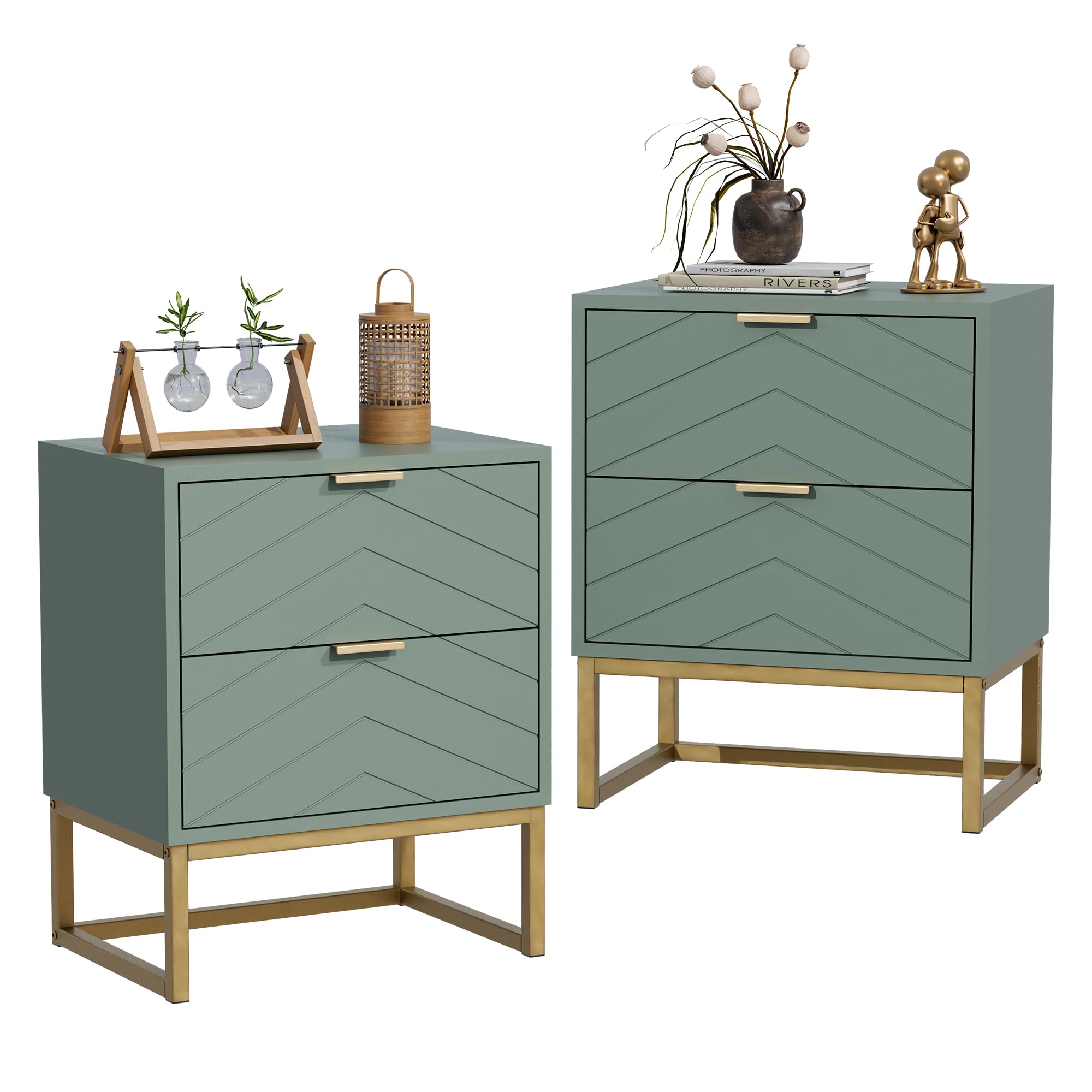 UEV Set di 2 Comodino Camera da Letto con Motivo a V, Mobile Camera da Letto con Miniglie e Piedini in Metallo, Comodino Moderno e Stabile, 46 x 33,5 x 56,5 cm, Verde