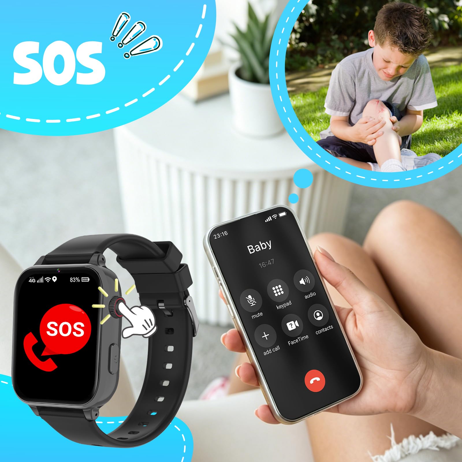 Alutoria Smartwatch Kinder mit GPS und Telefon, 4G Kinderuhr mit Videoanruf | Voice Chat, 2x Uhrarmband‌, SOS, Schulmodus, Schrittzähler, Uhr Kinder Smartwatch für Mädchen Jungen Geschenke, Schwarz