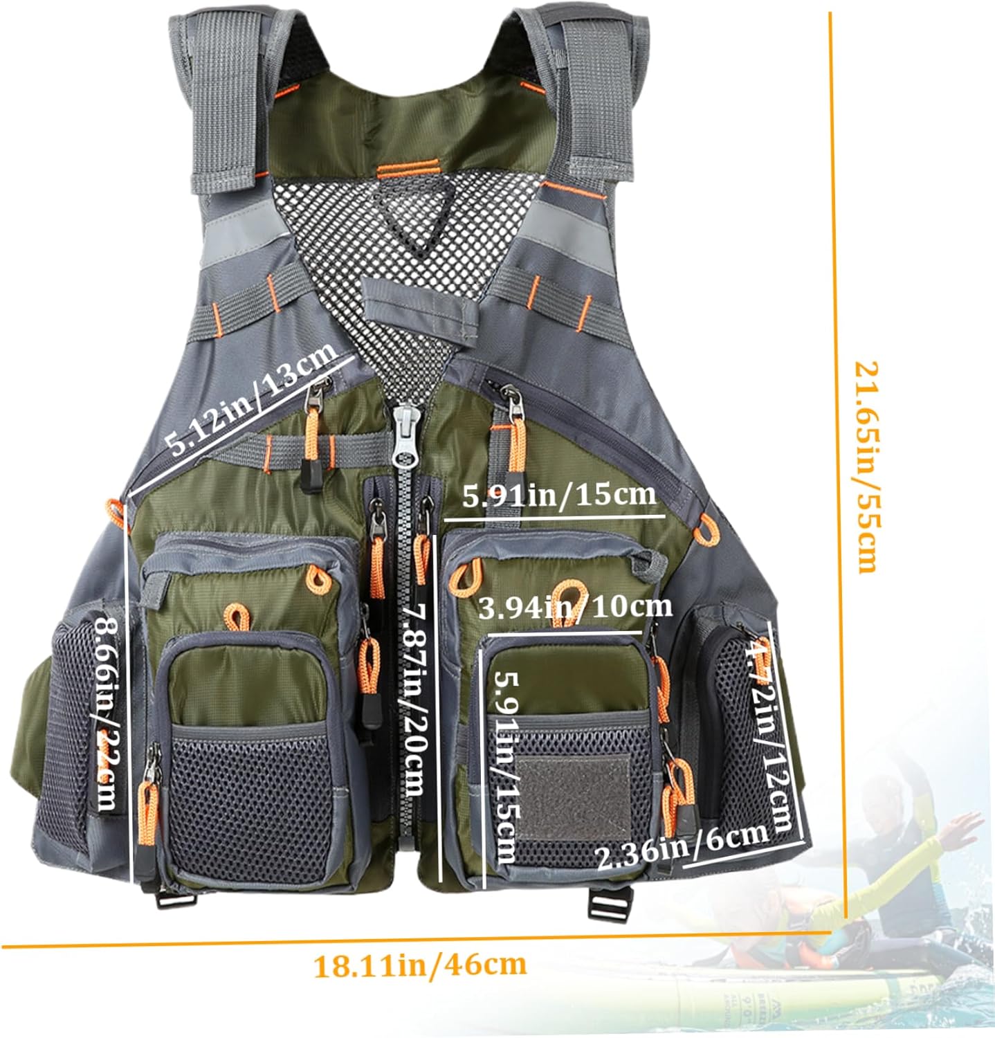 Fishing Vests For Men with 13 Pockets Olive Green Breathable Mesh Fishing Vest with Reflective Stripes & Adjustable Straps Fly Fishing Vest for Fly Bass Fishing and Outdoor Activities, Average Size
