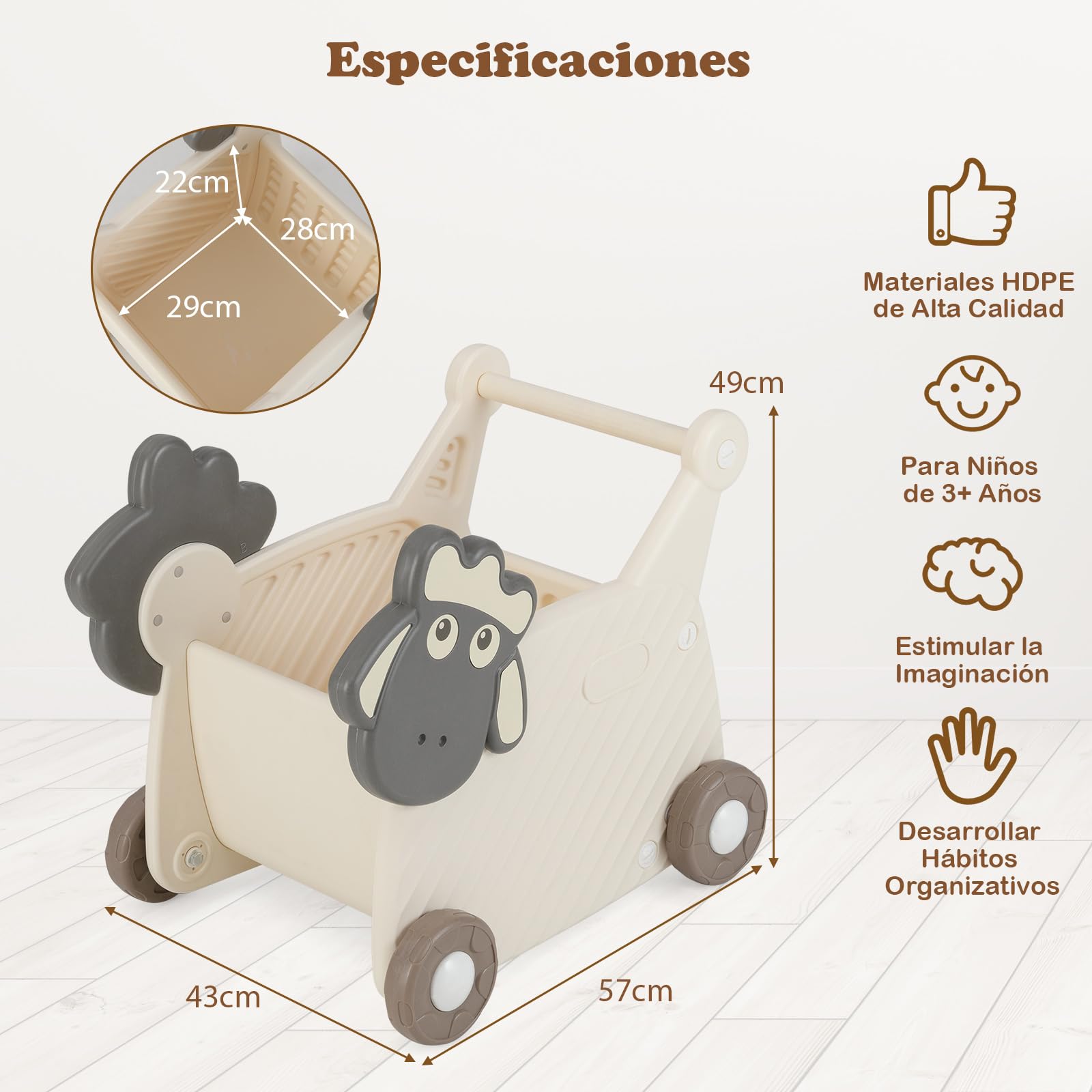 COSTWAY Andador para Bebés en Forma de Oveja, Carrito de Almacenamiento de 18L para Niños, Andador Infantil de 4 Ruedas para Desarrollo de Habilidades Motoras,Carrito de Empuje para Niños de 3+ Años
