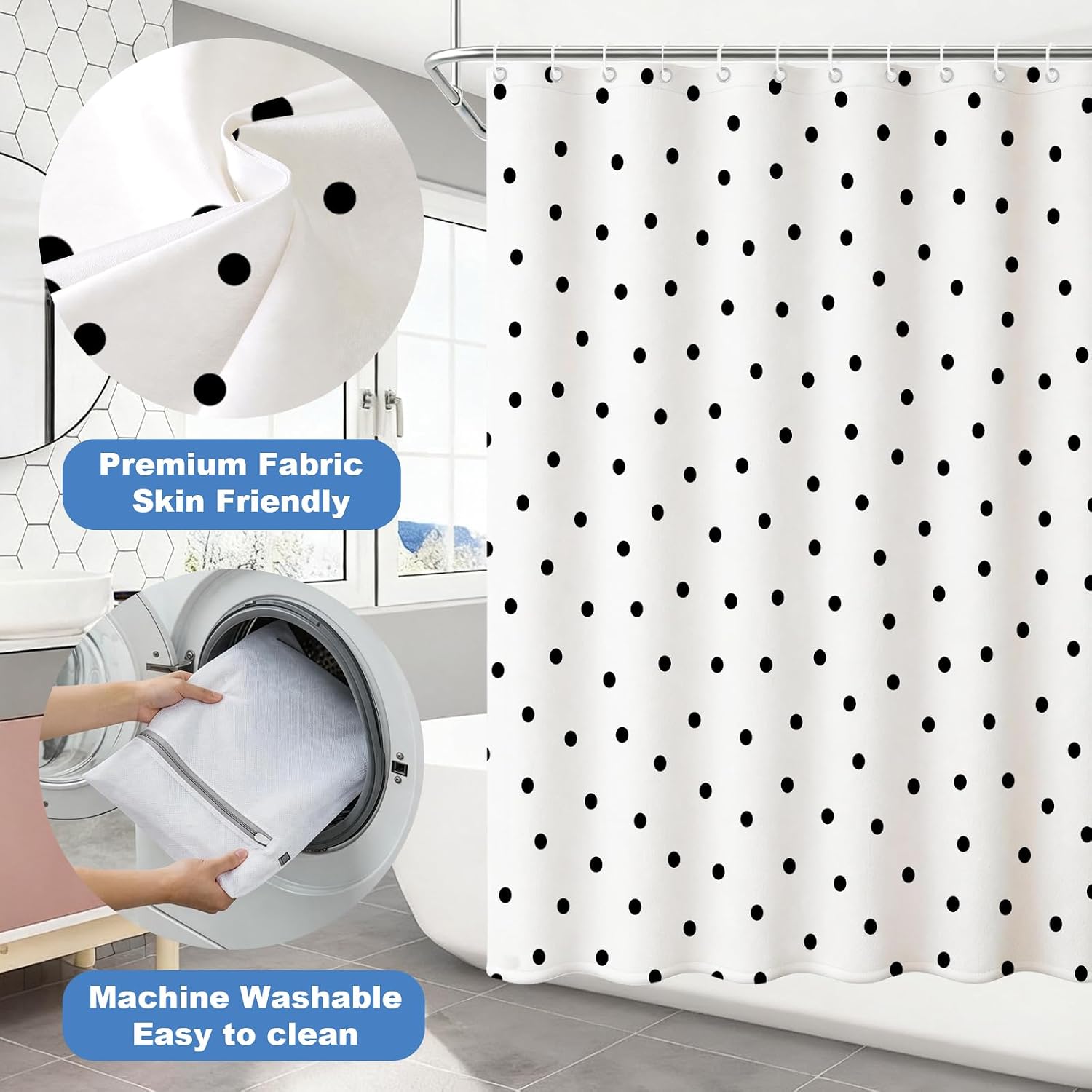 TheBlackSpot Polka Dot Shower Curtain Black and White Small Circle Bath Curtains Decor Sets Grommet with Hooks 72W x 72H inches