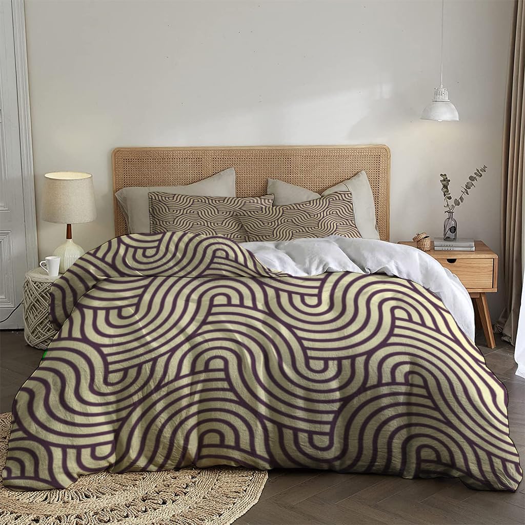 NIBAINLO 布団カバーモダンな波線ストライプ要素 肌に優しい ピーチスキン加工 掛け布団カバー 和式 洋式 あったか 布団カバーセット リバーシブル ホームステイ ホテル 家庭兼用