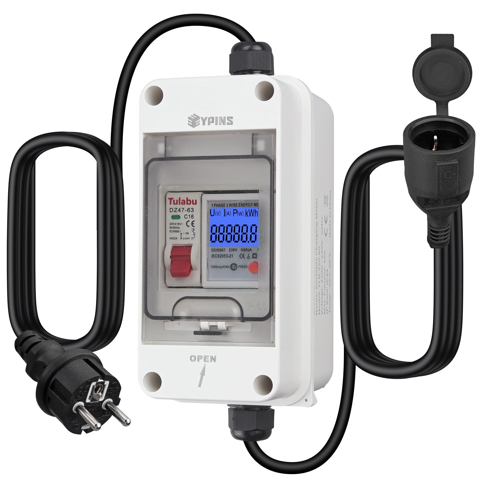 EYPINS Mobilny cyfrowy licznik prądu 80 A, 230 V, zewnętrzny, mobilny miernik KWH z przełącznikiem LS, przenośny licznik prądu LED z resetem, wtyczka SK, złączka, 2 x kabel 1,5 m do kamperów