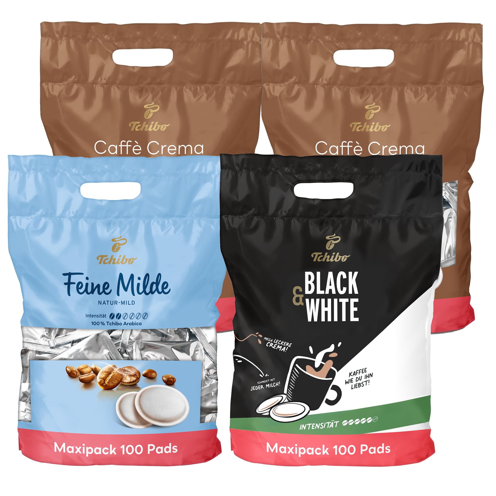 Tchibo Kaffeepads Probierset Vorratspack Maxipack, Feine Milde (1x), Caffè Crema vollmundig (2x) & BLACK&WHITE (1x), 400 Stück - 4x 100 Pads, nachhaltig, geeignet für Senseo Maschinen