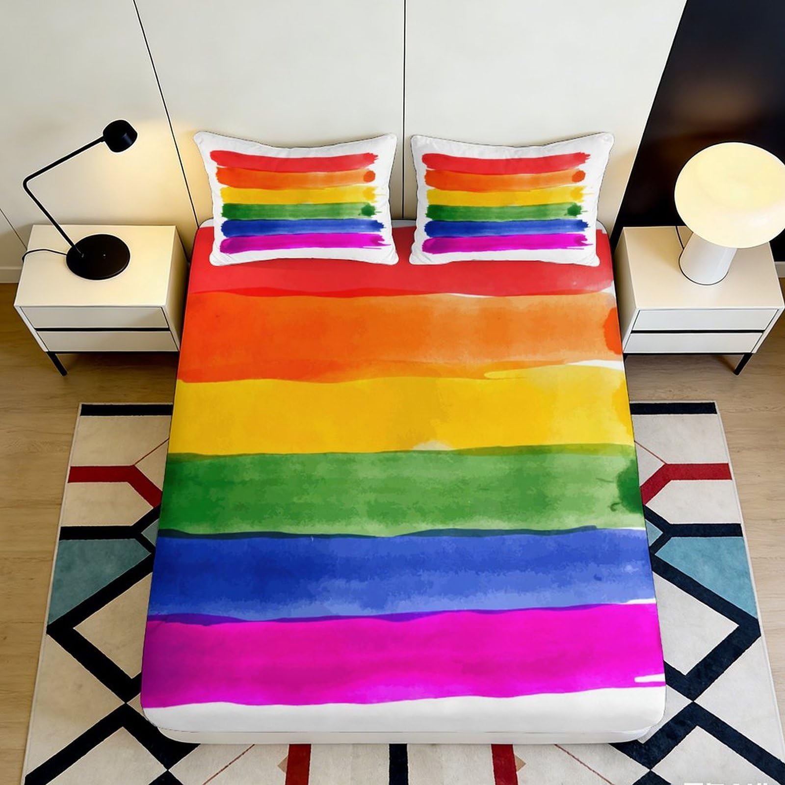 3D Printed Rainbow Stripes Fitted Sheet Microfiber Colorful Bedroom Decor Gradient Mattress Cover for Home Guest Room 90x200x25cm
