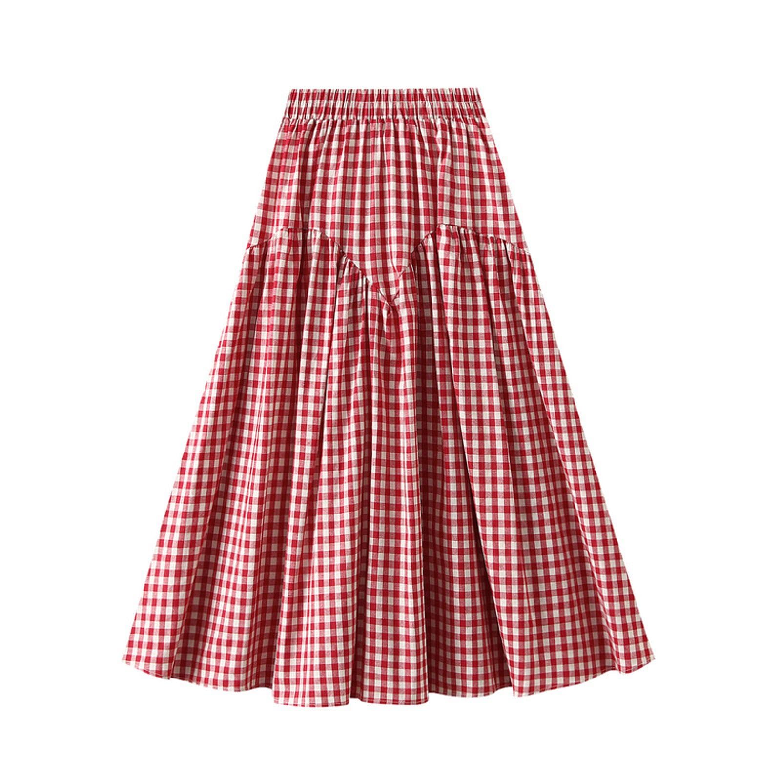 Womens Plaid Skirt Gingham Elastic High Waist Skirts A Line Midi Skirt Loose Fit Flowy Swing Skirts 2025