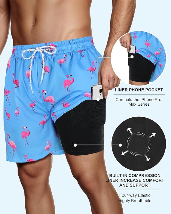 Mens Swimming Trunks with Compression Liner 7 Inch Quick Dry Board Shorts