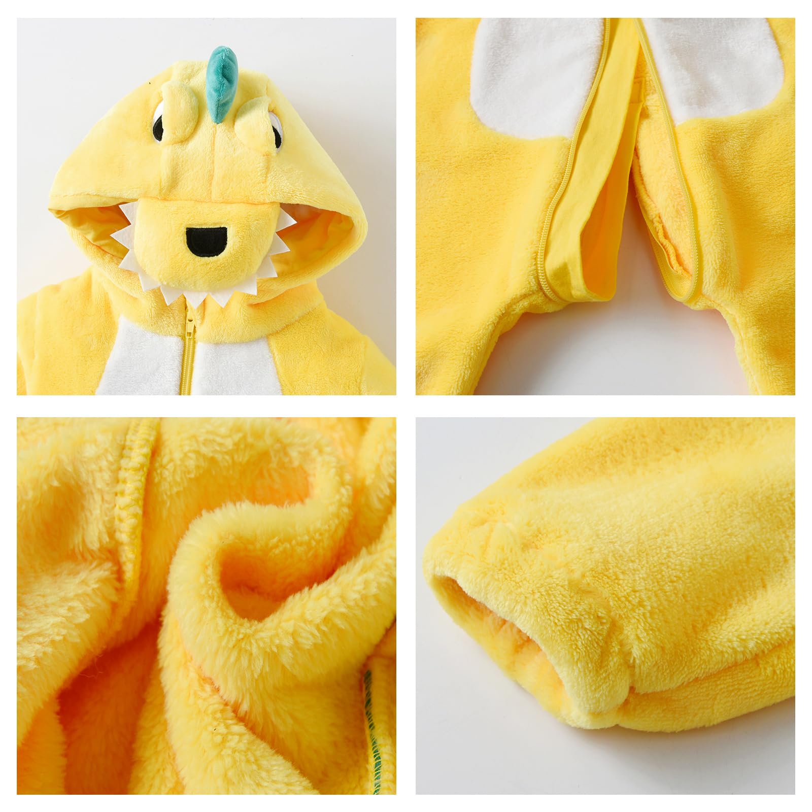 LOLANTA Costume da Dinosauro per Bambino Unisex, Costume da Animale con Cappuccio per Bambino, Tuta Sindacale in Flanella, Giallo, 2-3 anni