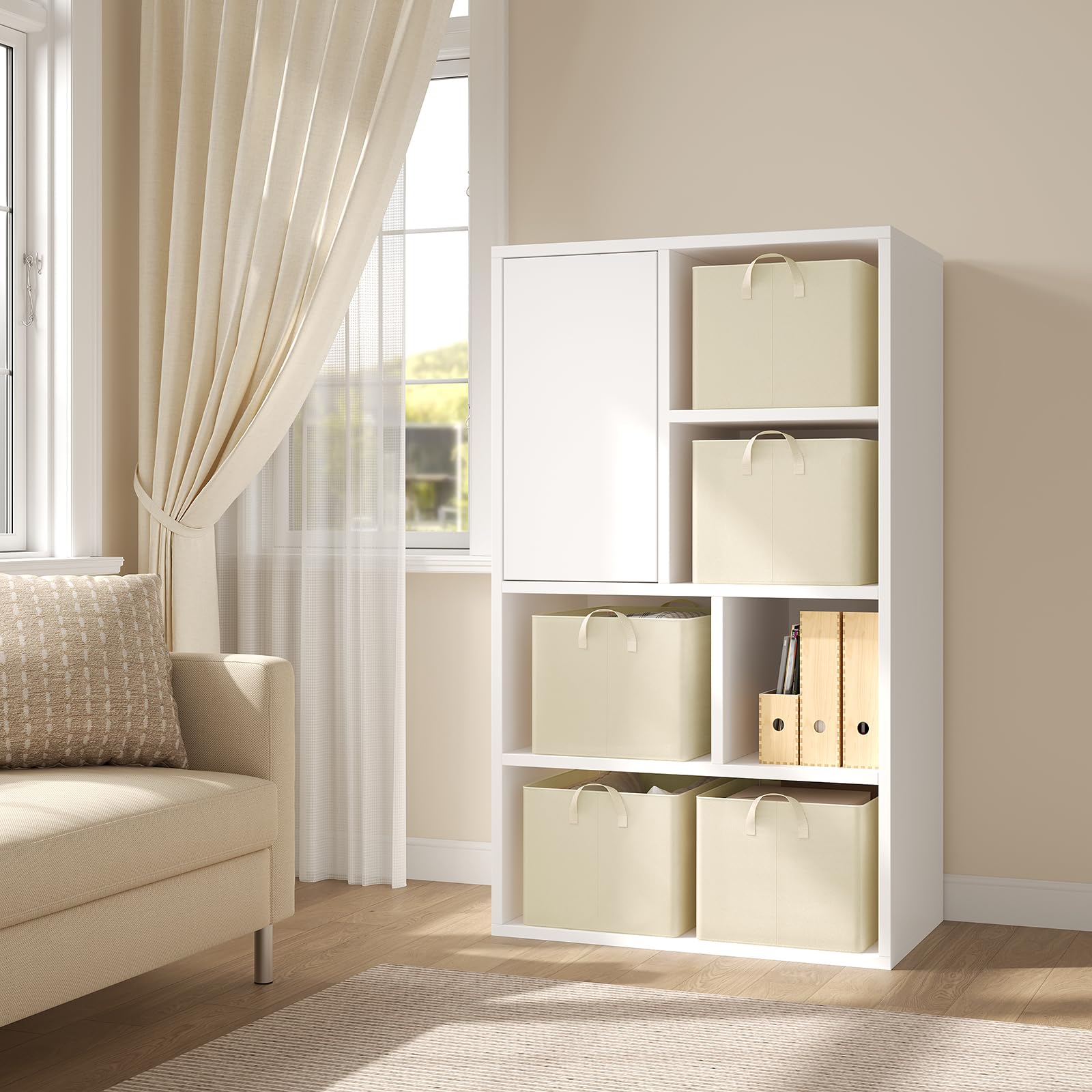 WOLTU Juego de 5 Cajas Plegables,Cajas Almacenamiento Plegables, Cajas Organizadoras de Tela con Asas, Cajas Almacenaje para Ropa y Juguetes en Armarios, Crema, 47x35x30 cm