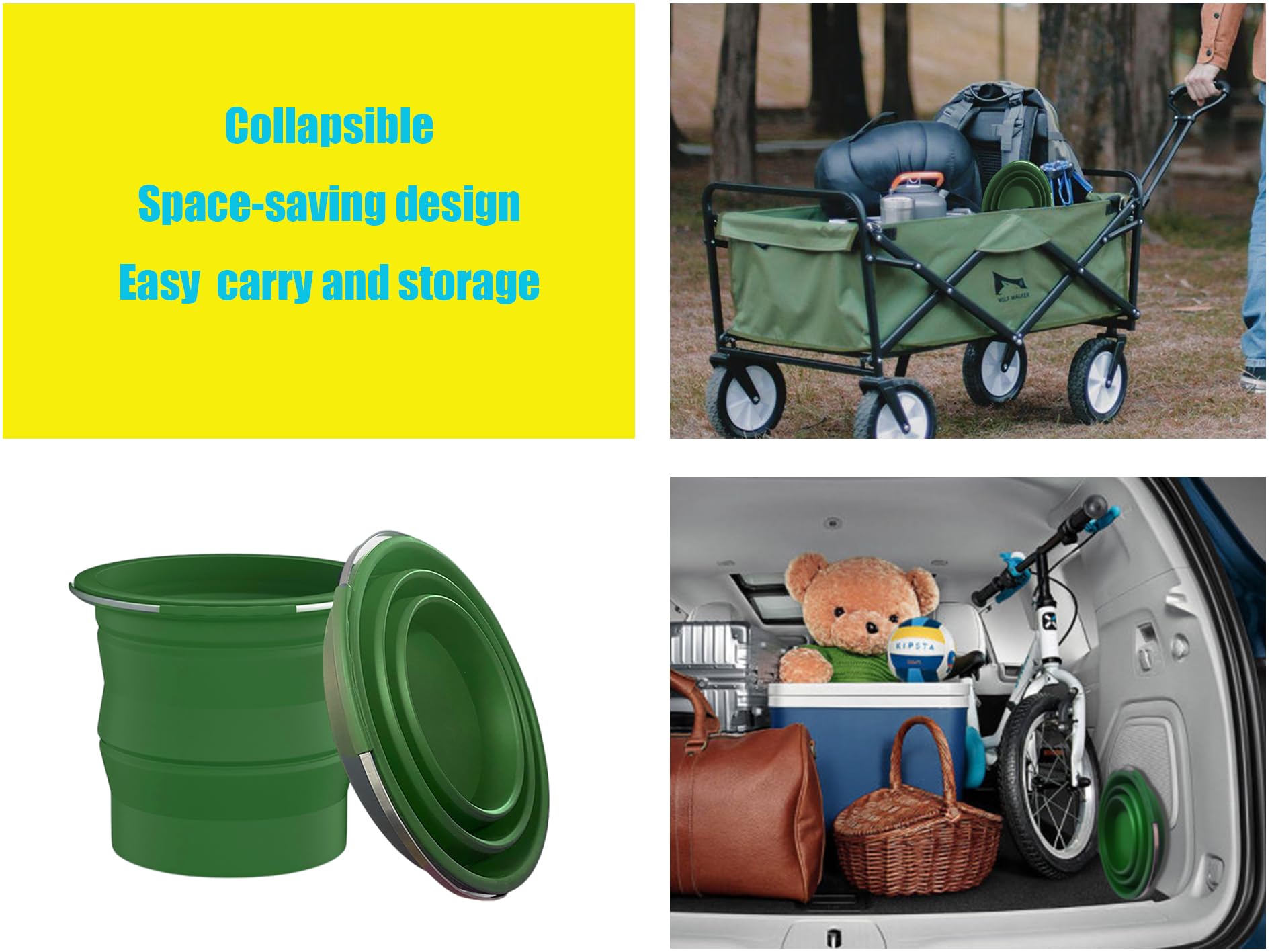 Cubo plegable de silicona, limpieza del hogar o lavado de coches, cubo plegable portátil para pesca o camping, 2.6 galones (10 litros), diseño que ahorra espacio, redondo (verde)