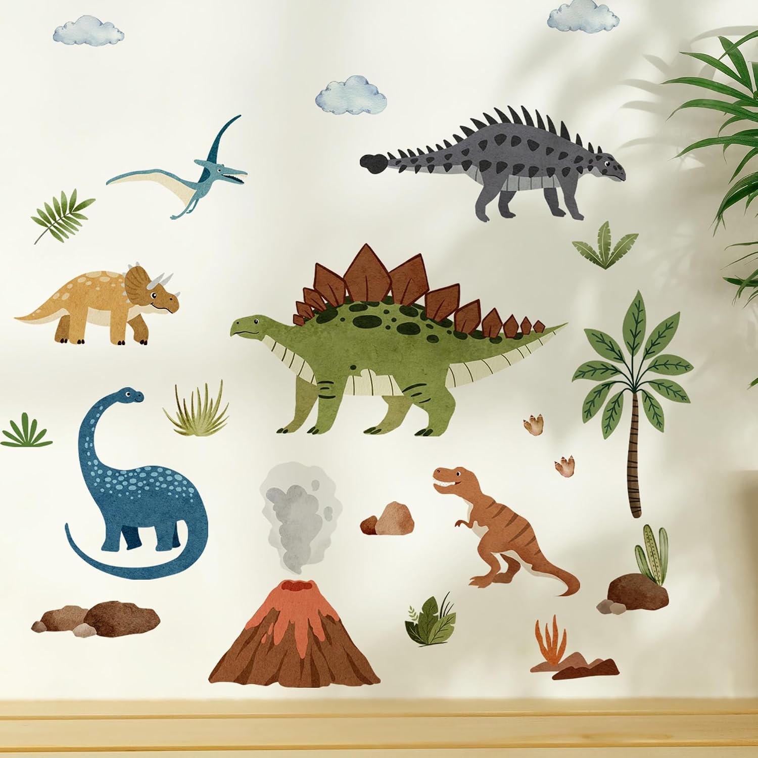 Large Dinosaur Wall Decals–Jurassic Volcano Mural Stickers Set with Tyrannosaurus Rex Stegosaurus, Brontosaurus,Triceratops&Volcano–Removable Nursery Wall Art for Boys’ Bedroom&Dino-Themed Party Decor