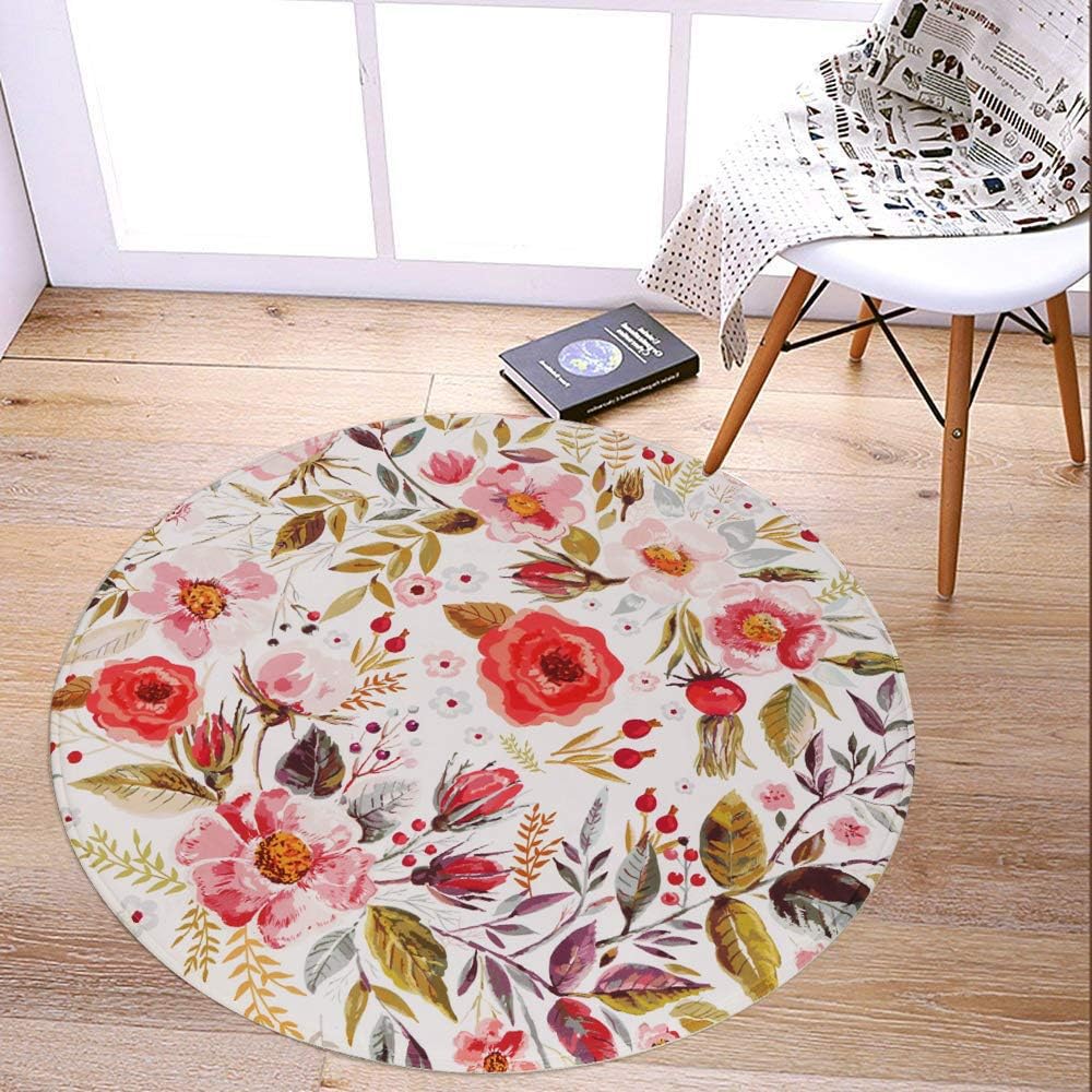 LEEVAN Round Rug, Art Deco Non-Slip Backing Machine Washable Round Area Rug Foam Mat Living Room Bedroom Study Children Playroom Super Soft Carpet Floor Mat 4-Feet Diameter, Colorful Garland