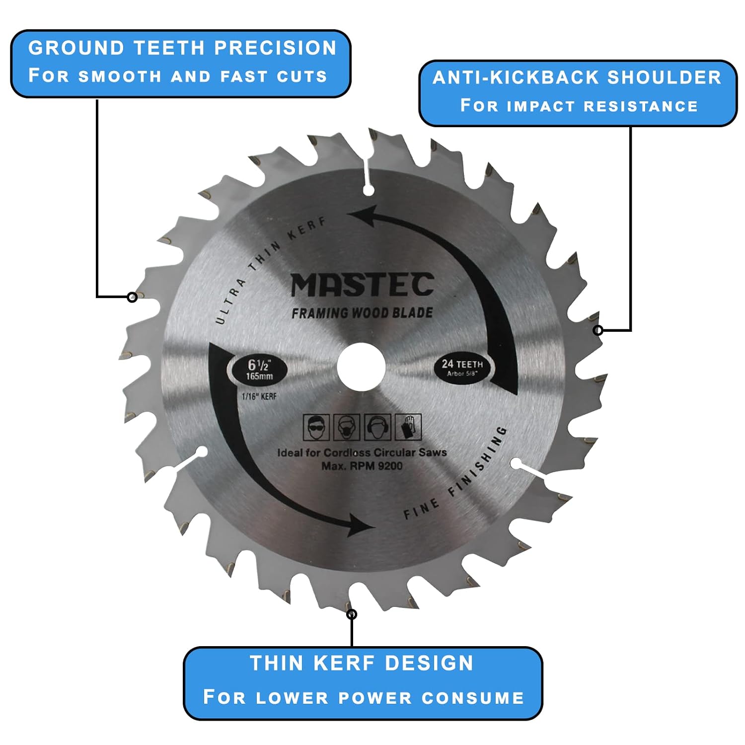 Cordless Circular Saw Blade 6-1/2-Inch 24-Tooth with 5/8" Arbor for Cutting Wood