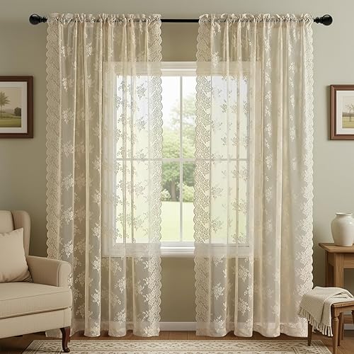 Miniatura 2 de Kotile Cortinas traslúcidas beige de 96 pulgadas de largo para sala de estar, 2 paneles de cortinas rústicas de encaje florales retro crema para