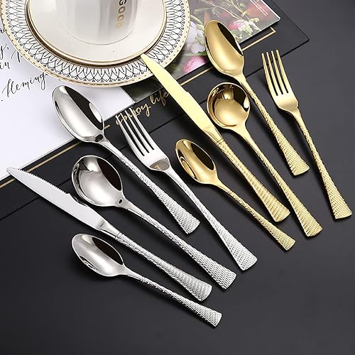 Miniatura 5 de Juego de cubiertos martillados para 8, cubiertos cuadrados de acero inoxidable de 40 piezas, juego de cubiertos de metal de diseño moderno, incluye