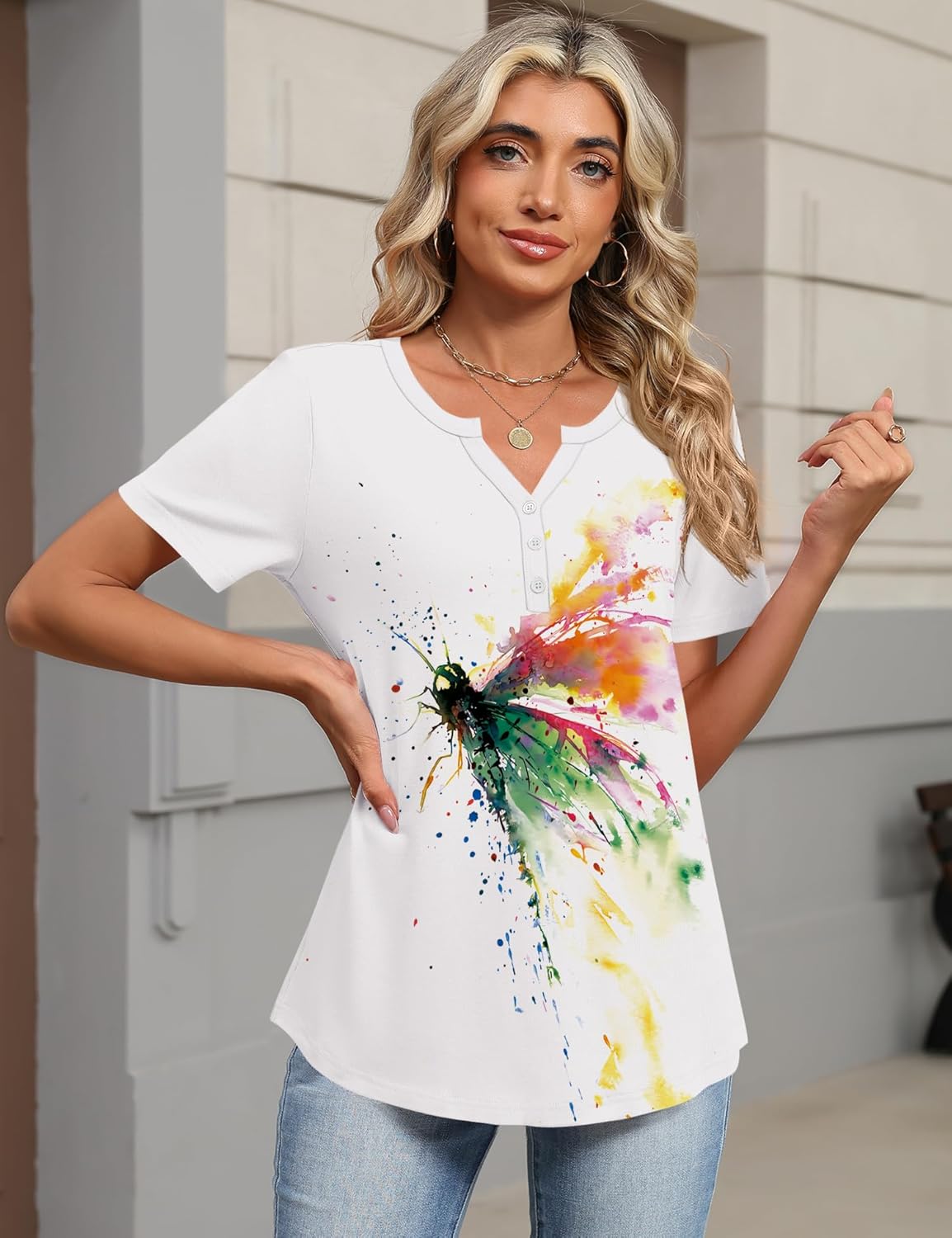 TCOT Women's Tops Dressy Casual Summer Blouses Short Sleeve Button V Neck Spring Tee Shirts - Image 2