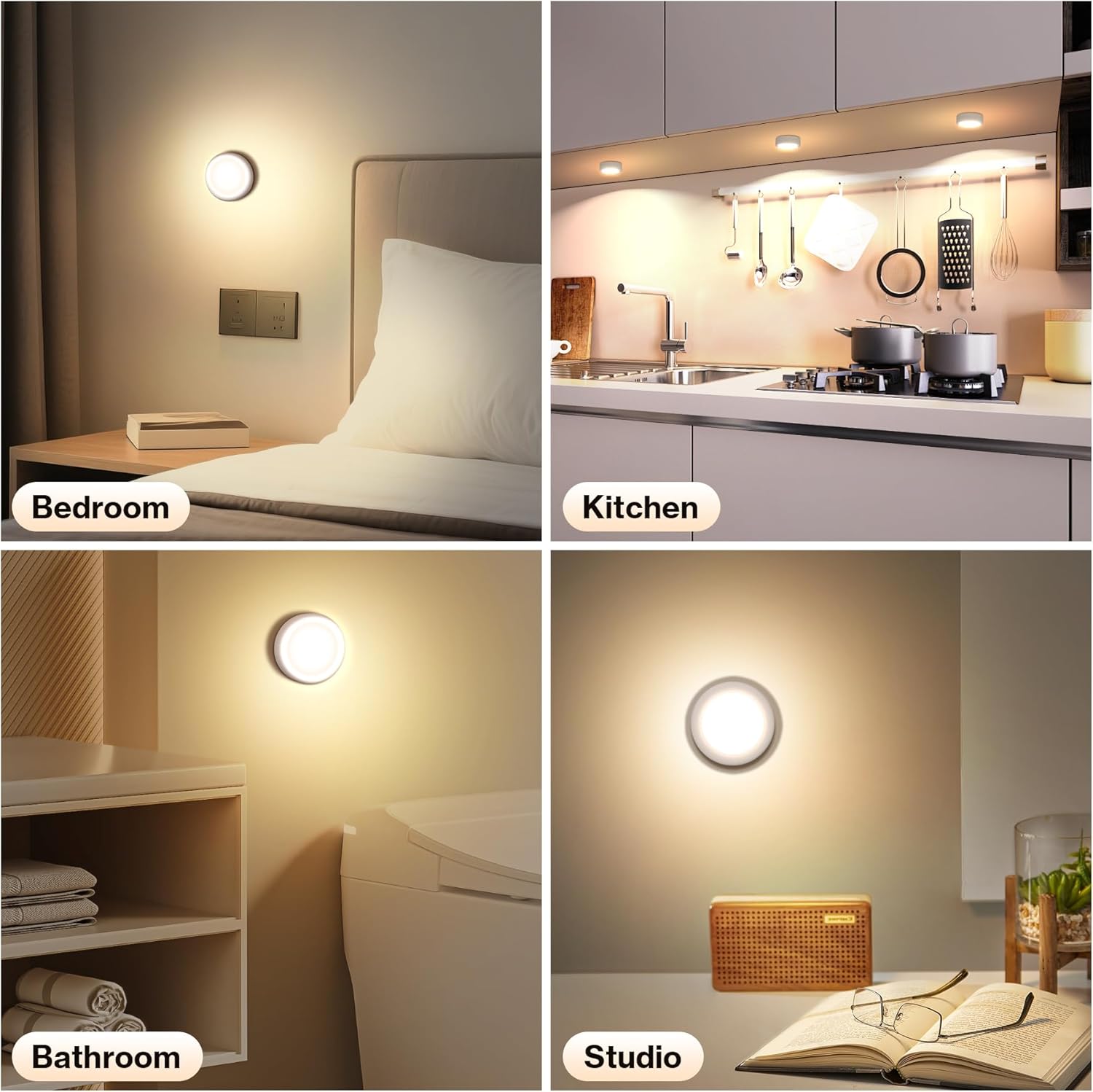 Cadrim Under Cabinet Lighting, Rechargeable Puck Lights with Remote Control, 13 Colors RGB LED Rechargeable Night Light, 1000mAh Battery Operated Wireless Push Light, Magnetic Stick-on Design (6pcs)