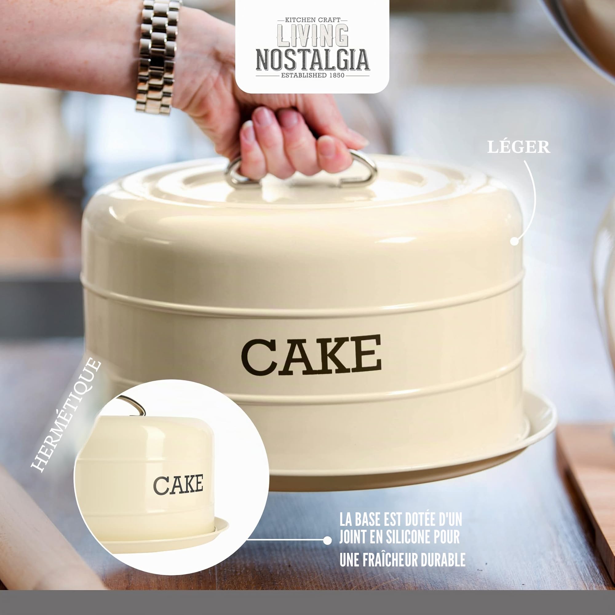 KitchenCraft Living Nostalgia Cake Tin Storage, Boîte De Conservation Hermétique Pour Gâteaux / Dôme À Gâteaux, 28,5 X 18 cm, Antique Cream