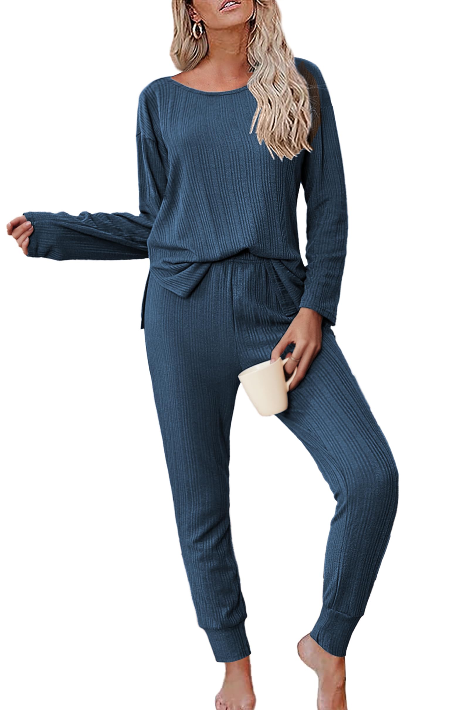 Ekouaer 2 Pieces Lounge Set Long Sleeve Ribbed Knit Pajamas Split Hem Matching Sweater Sets Loungewear S-XXL