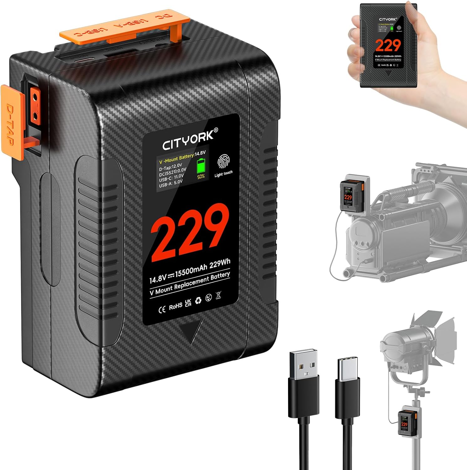 CITYORK Mini V Mount Battery 229Wh/ 15500mAh 14.8V V Mount/V Lock Battery with D-TAP, USB-A, USB-C Port, OLED Display for Camera, Camcorder, Video Light (PD 65W USB-C Cable*1,Fast Charging)