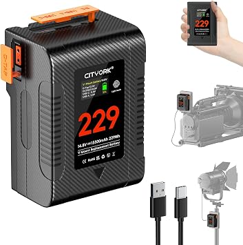 CITYORK Mini V Mount Battery 229Wh/ 15500mAh 14.8V V Mount/V Lock Battery with D-TAP, USB-A, USB-C Port, OLED Display for Camera, Camcorder, Video Light PD 65W USB-C Cable*1,Fast Charging
