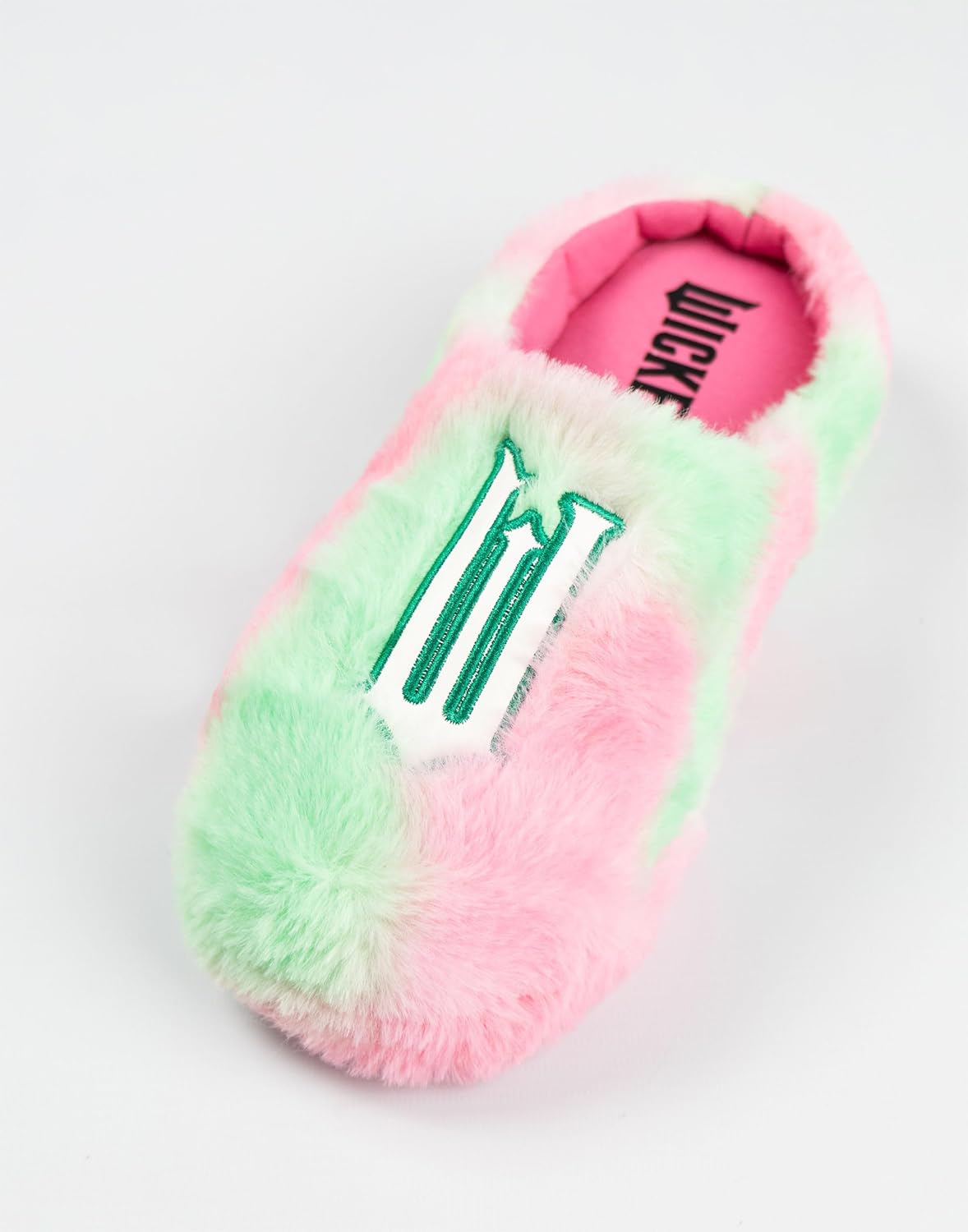 Wicked Womens Pink and Green Fluffy Mule Slippers for Indoor Lounging | Comfortable House Footwear | Fun Movie-Themed Merch