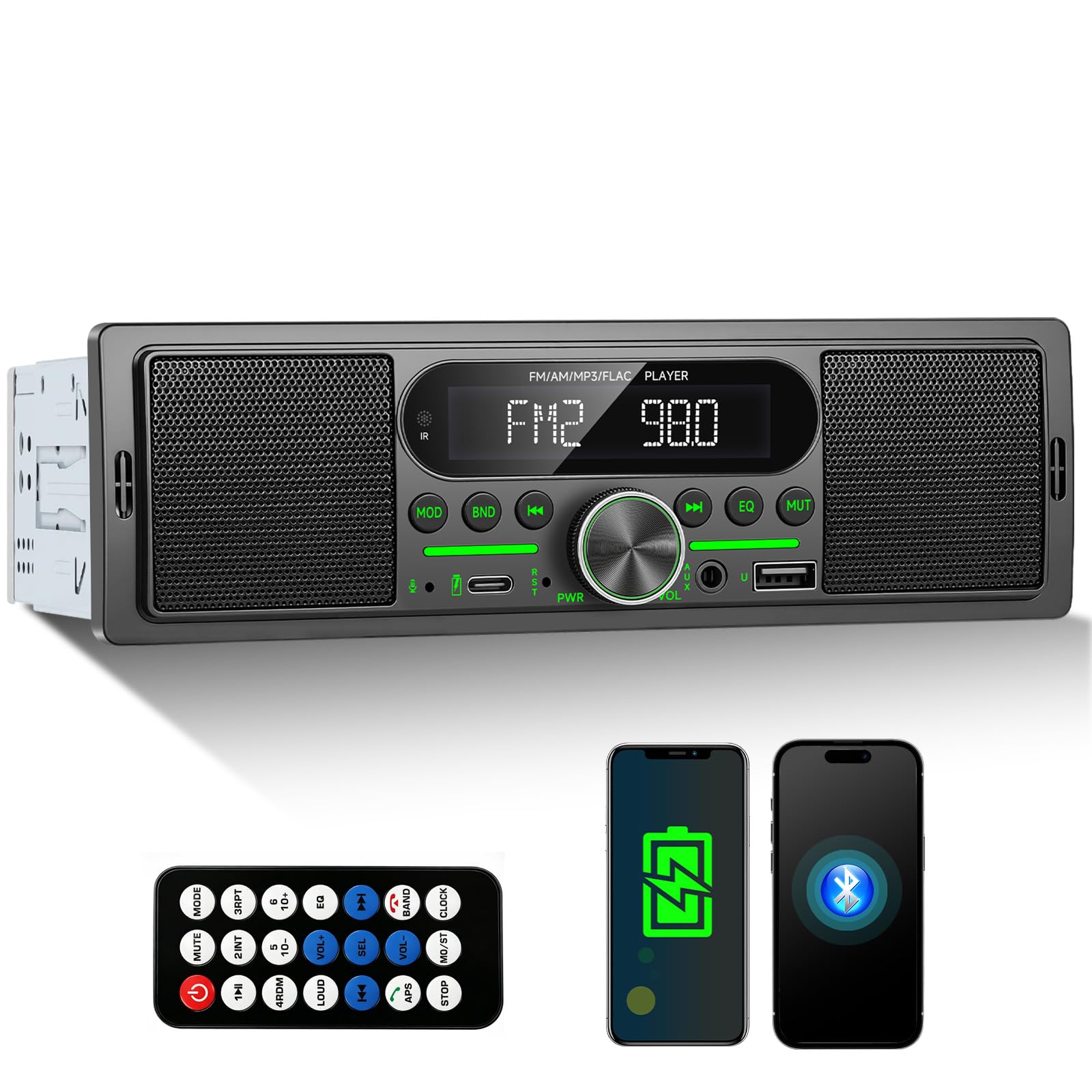Doppio Bluetooth Autoradio 1DIN con Altoparlanti Integrati, FM/AM Lettore MP3, Ricarica Type-C, USB/AUX-IN, Slot per Schede SD/TF, Equalizzatore, Pulsanti Retroilluminati a Colori e Telecomando