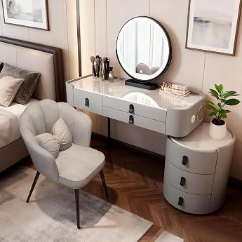 Dressing Table with Adjustable LED Lighting Dressing Table with Mirror 3 Adjustable Brightnesses Modern Cosmetic Table with 5 Drawers Grey - Black Legs - 01 100 cm