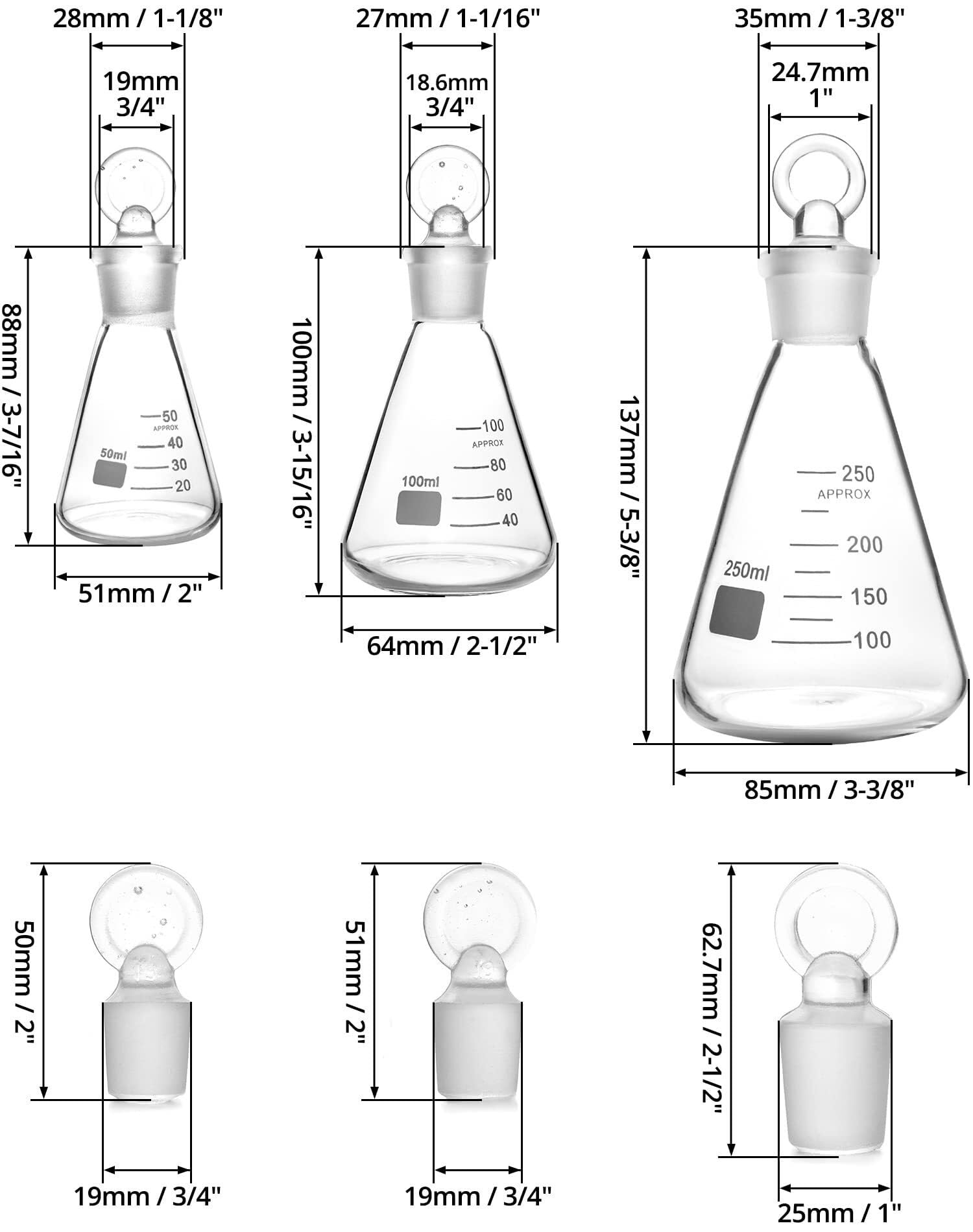 Juego de Matraces de Erlenmeyer - 3 Tamaños Vidrio de Borosilicato con Tapones para Experimentos de Laboratorio(1 Set)